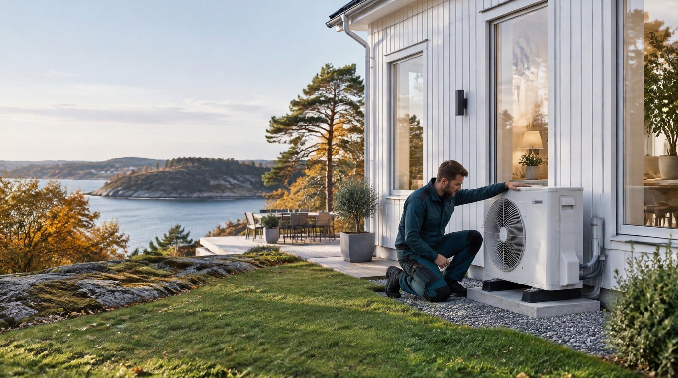 Luftvärmepump installeras vid ett svenskt kusthem